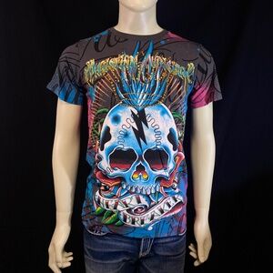 Christian Audigier men gray shirt short sleeve heart breaker rhinestone foil